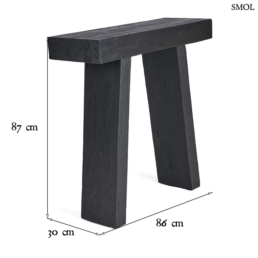 Japandi stílusú fekete teakfa konzolasztal tömör fából, minimalista kialakítással, méretekkel