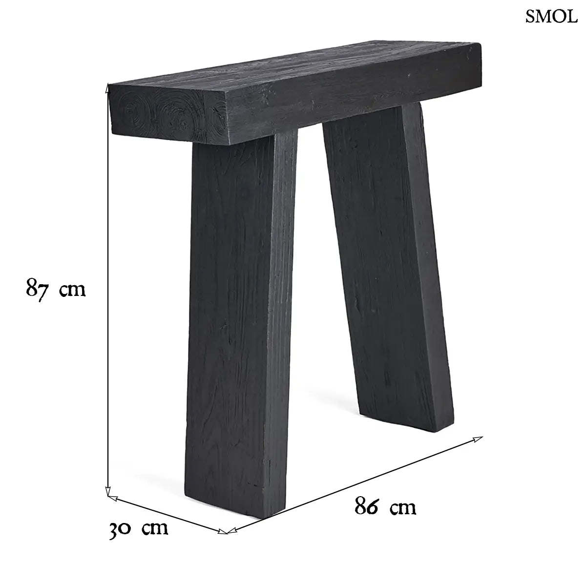 Japandi stílusú fekete teakfa konzolasztal tömör fából, minimalista kialakítással, méretekkel