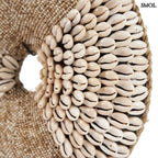 Natúr fehér kagylókból készült, kör alakú kagyló dekoráció fekete fémállvánnyal fehér kagylók nagyítva