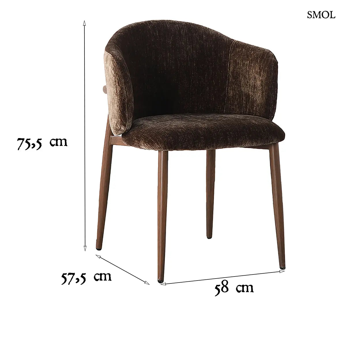 OSAKA karfás étkezőszék sötétbarna zsenília kárpittal, 2 db – 58 × 75,5 × 57,5 cm, méretekkel