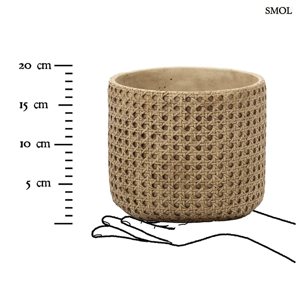 Rattan hatású beton kaspó, natúr fonott textúrával és kézműves felülettel, méretarányosan