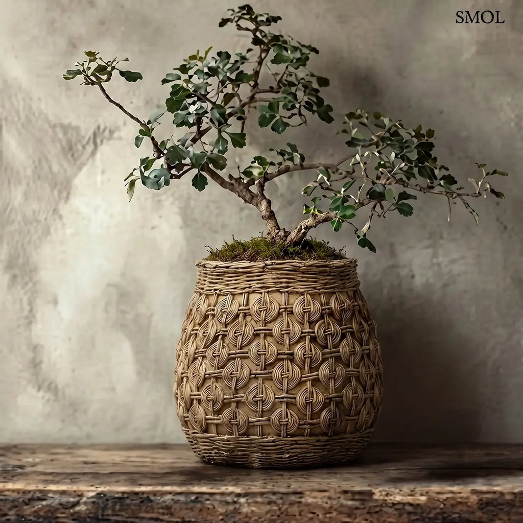 KNOT beton kaspó XL méret, csomó mintás felülettel – 28,3 × 25 cm, növénnyel, asztalon