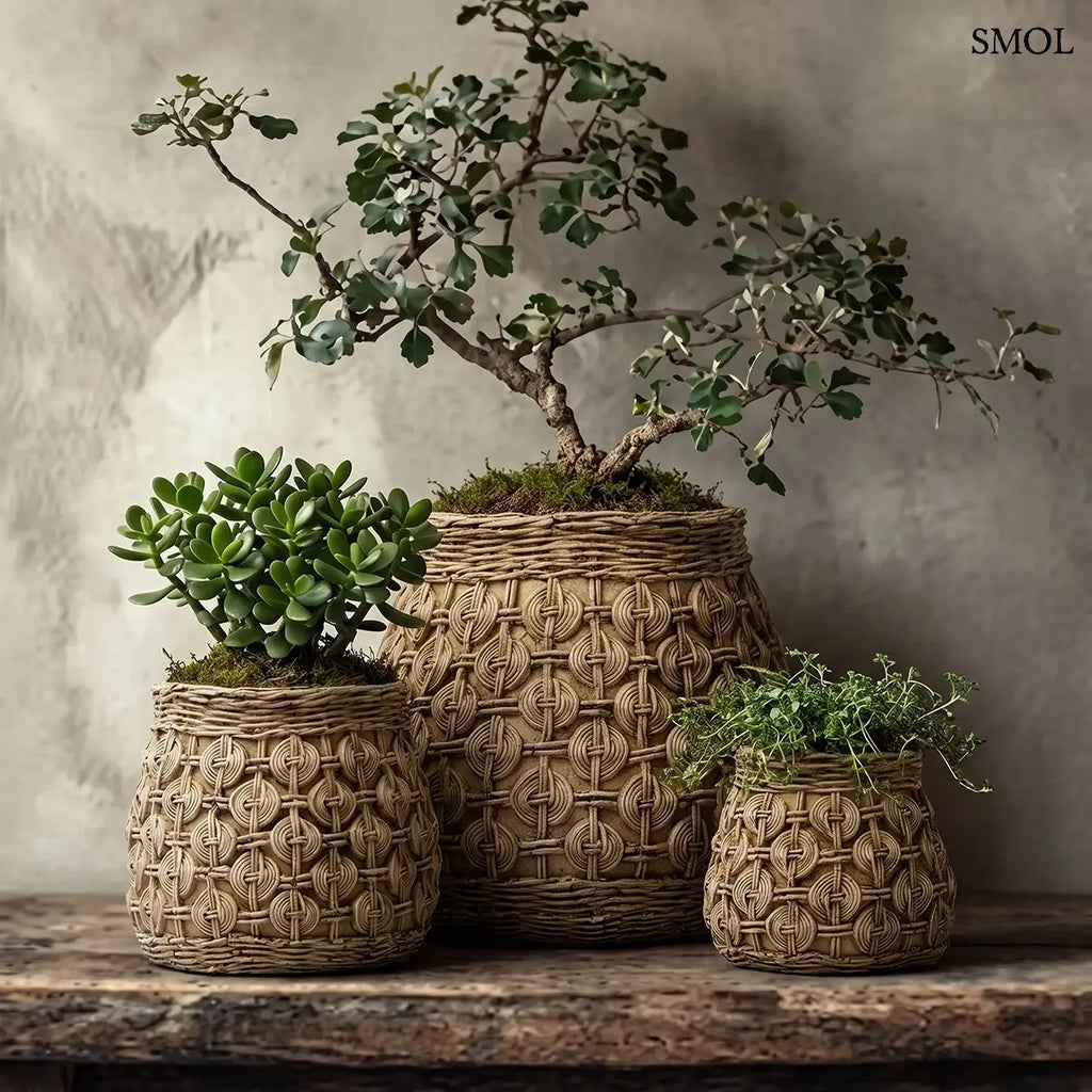 KNOT beton kaspó XL méret, csomó mintás felülettel – 28,3 × 25 cm, három méretben, növényekkel