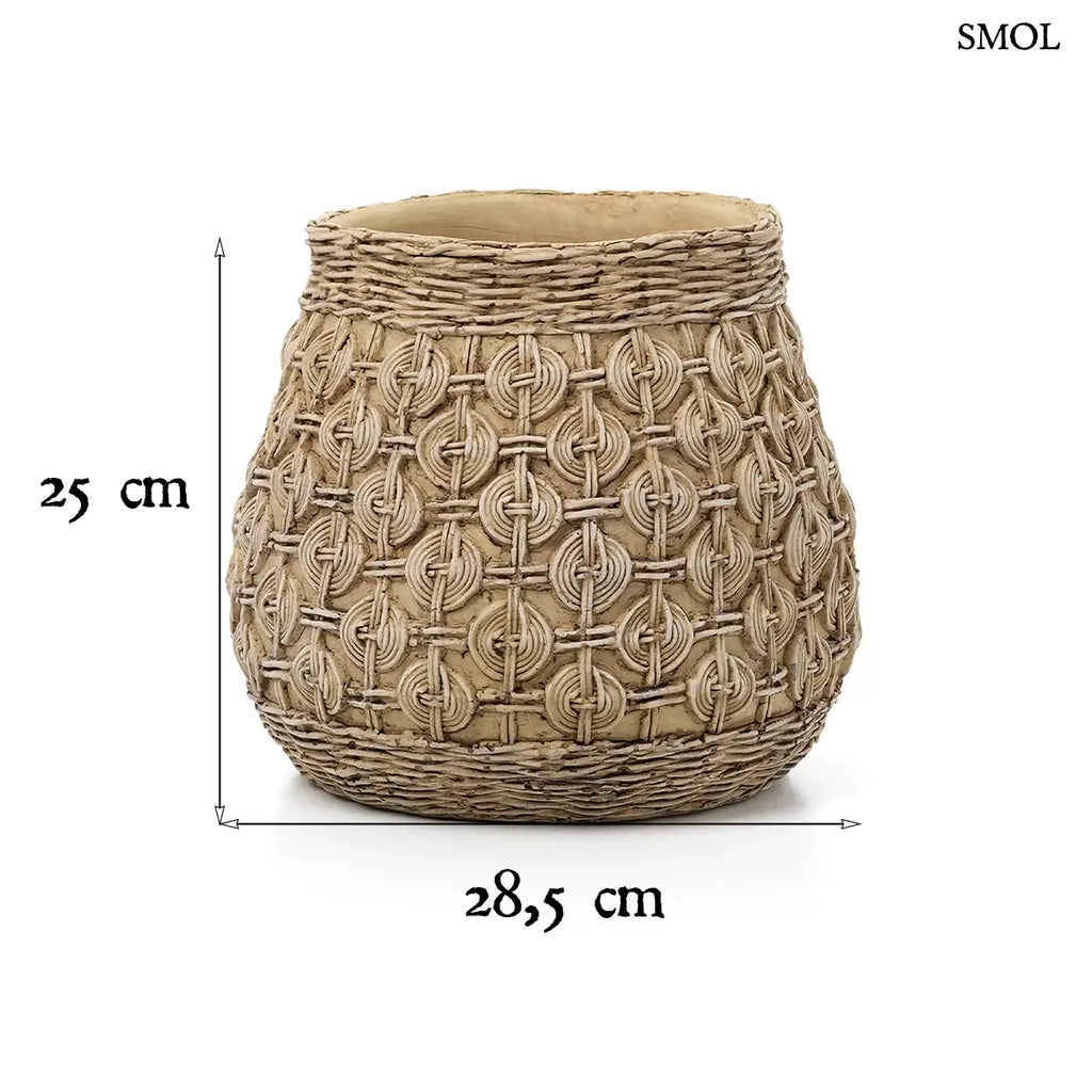 KNOT beton kaspó XL méret, csomó mintás felülettel – 28,3 × 25 cm, méretekkel
