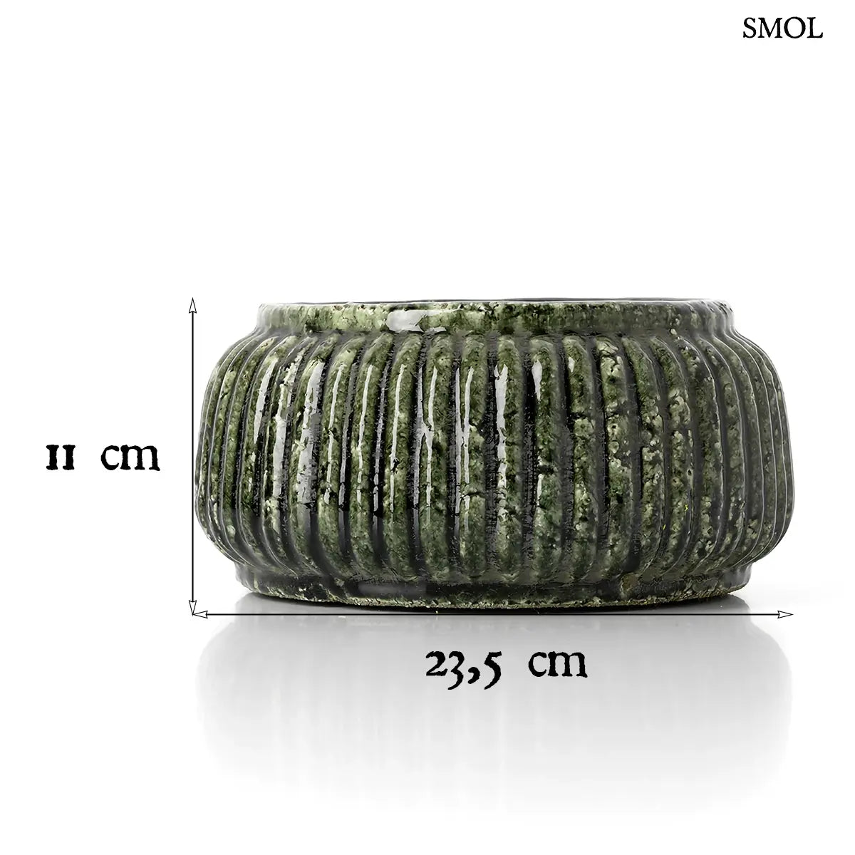  FOREST RIBBED LOW kaspó bordázott felülettel, erdőzöld színben, 23,5 × 11 × 23,5 cm, méretekkel