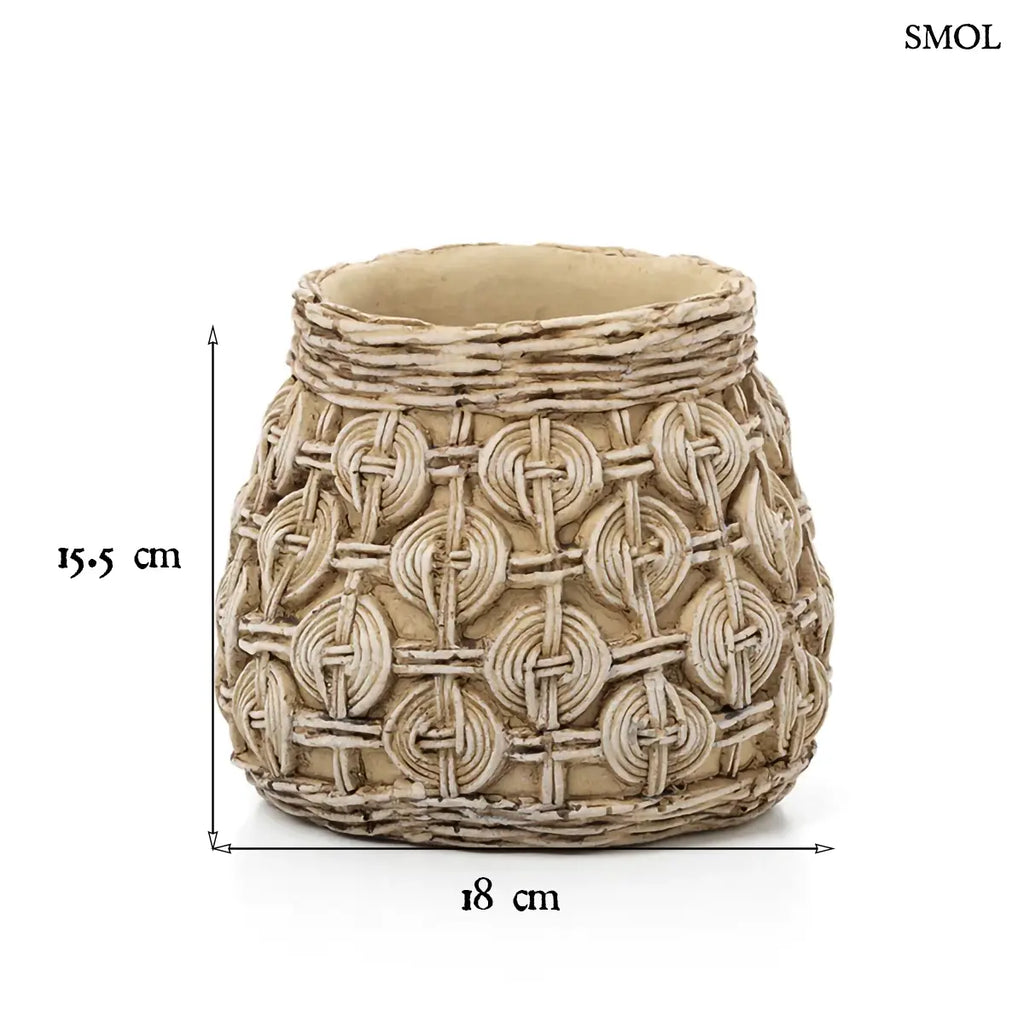 Fonott mintás, natúr színű beton kaspó közepes szobanövényekhez, méretekkel