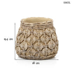 Fonott mintás, natúr színű beton kaspó közepes szobanövényekhez, méretekkel