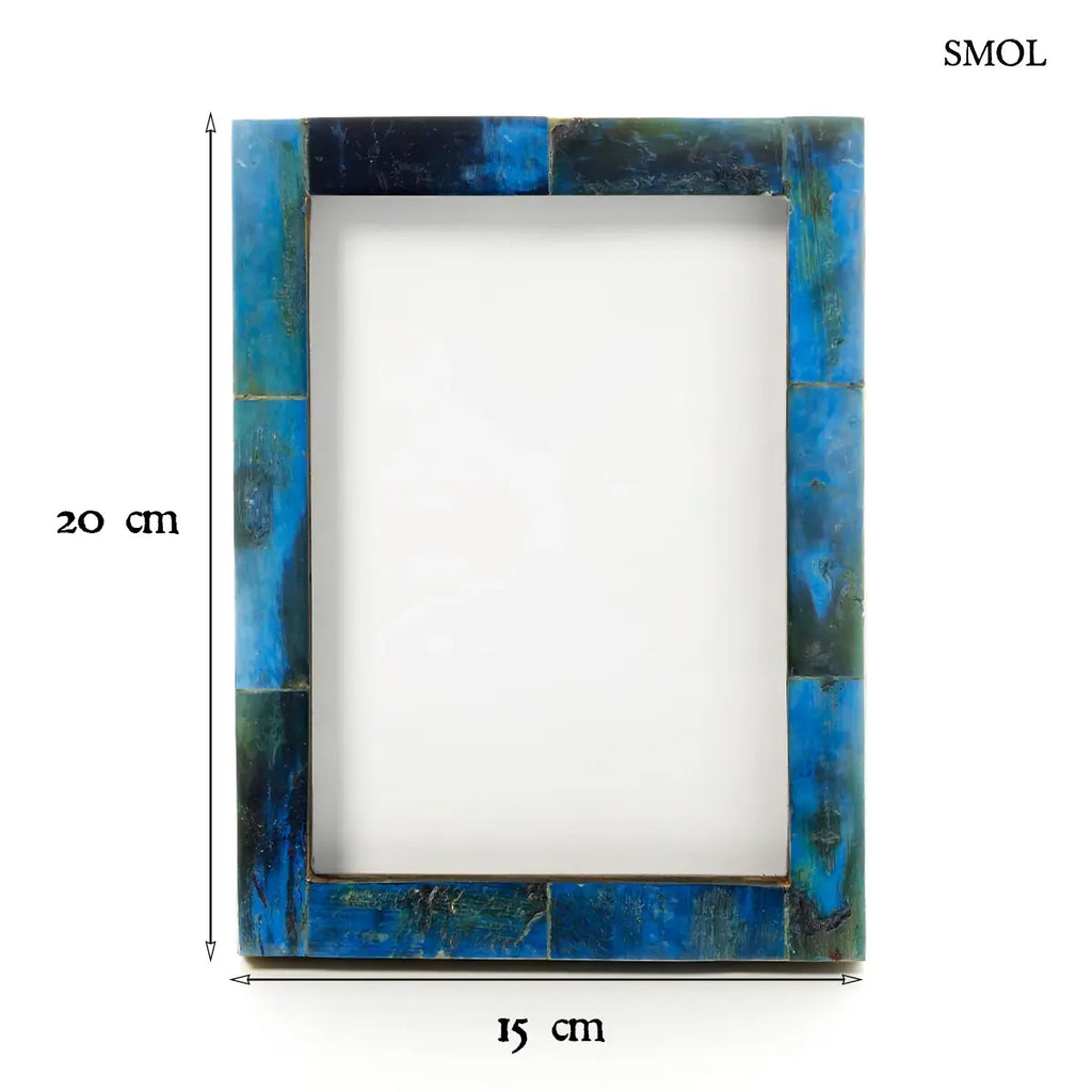 Türkiz bivaly csont mozaik képkeret 13×18 cm, méretekkel