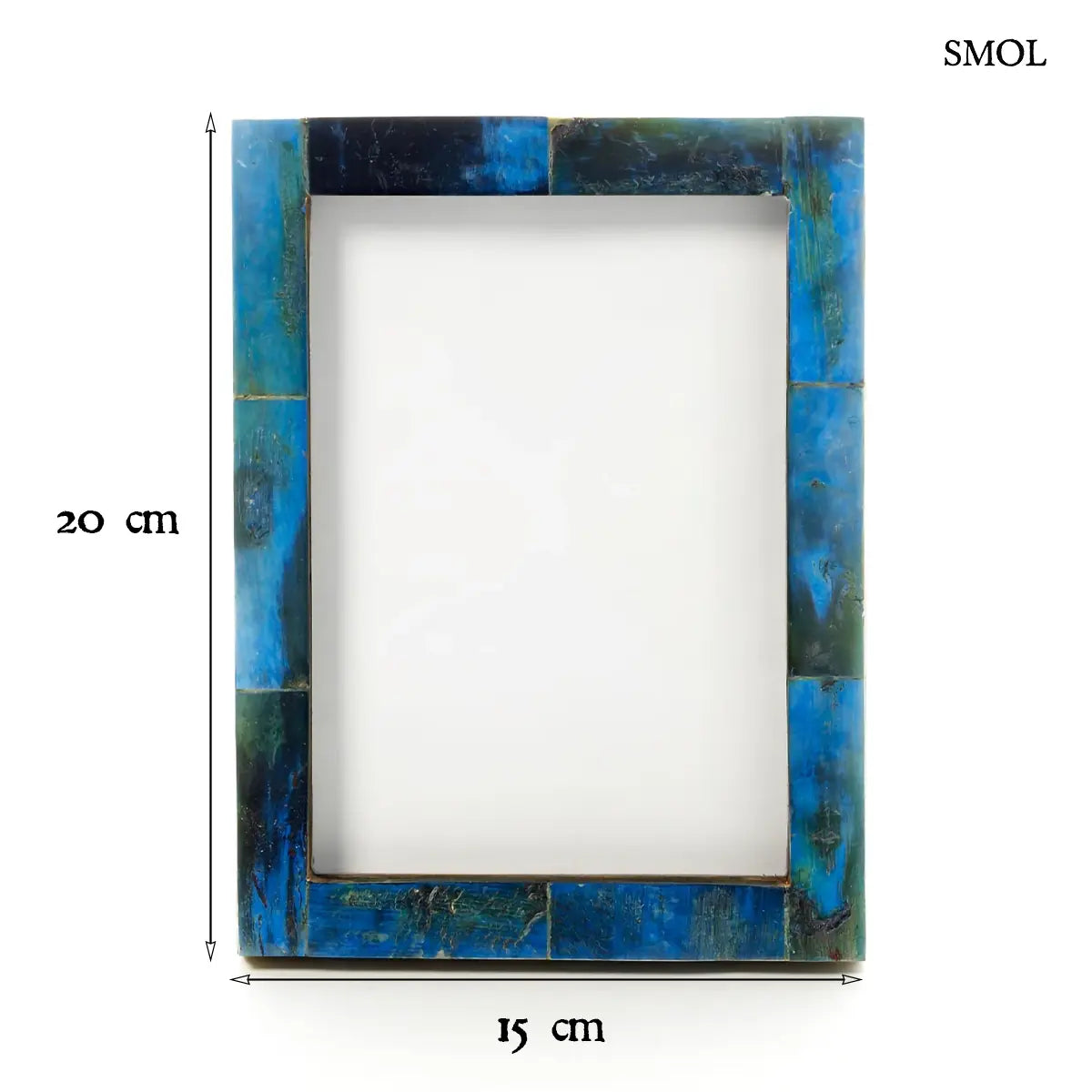 Türkiz bivaly csont mozaik képkeret 13×18 cm, méretekkel
