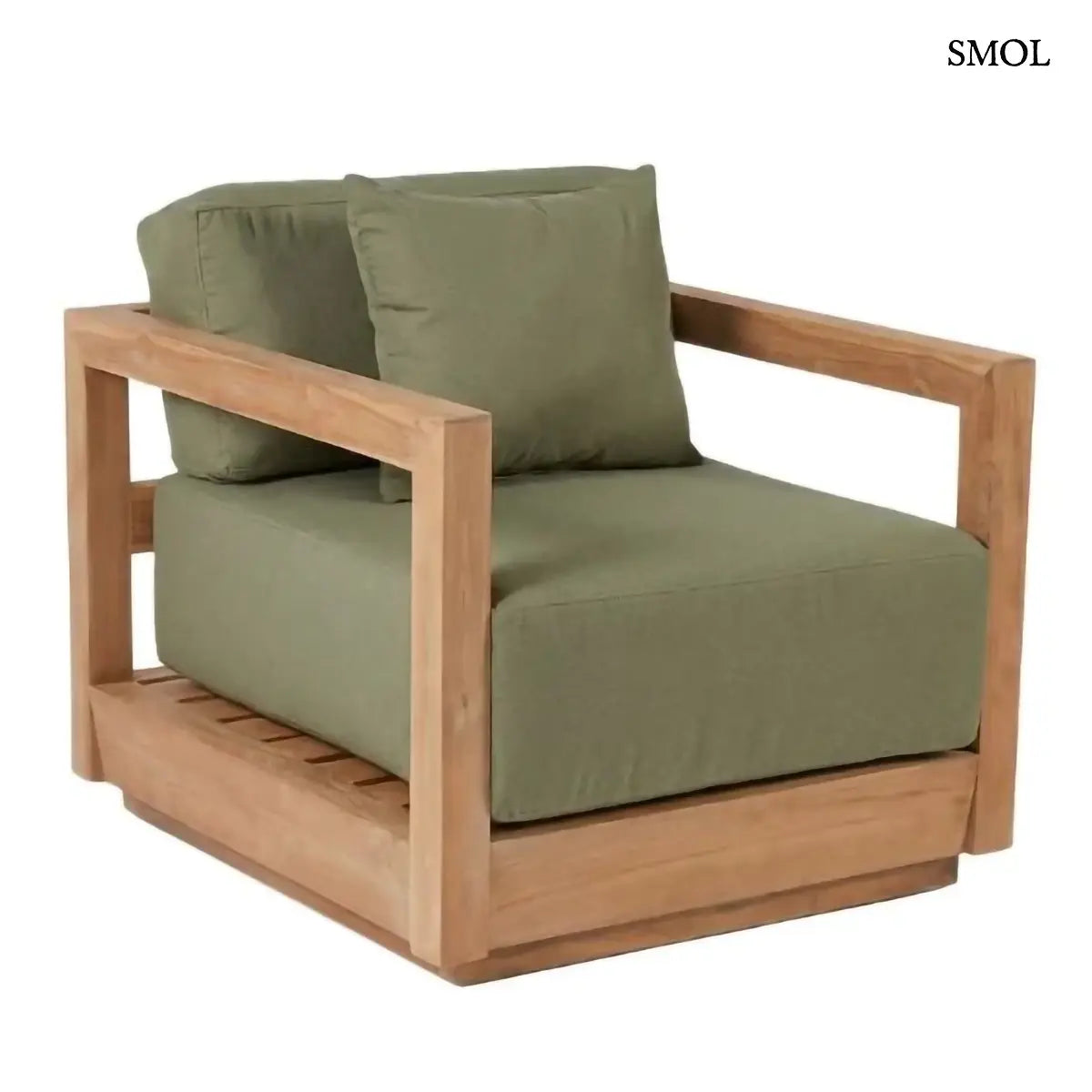 Indonéz kézműves kerti fotel, újrahasznosított teakfa vázzal, masszív algazöld ülő- és hátpárnákkal, ferdén