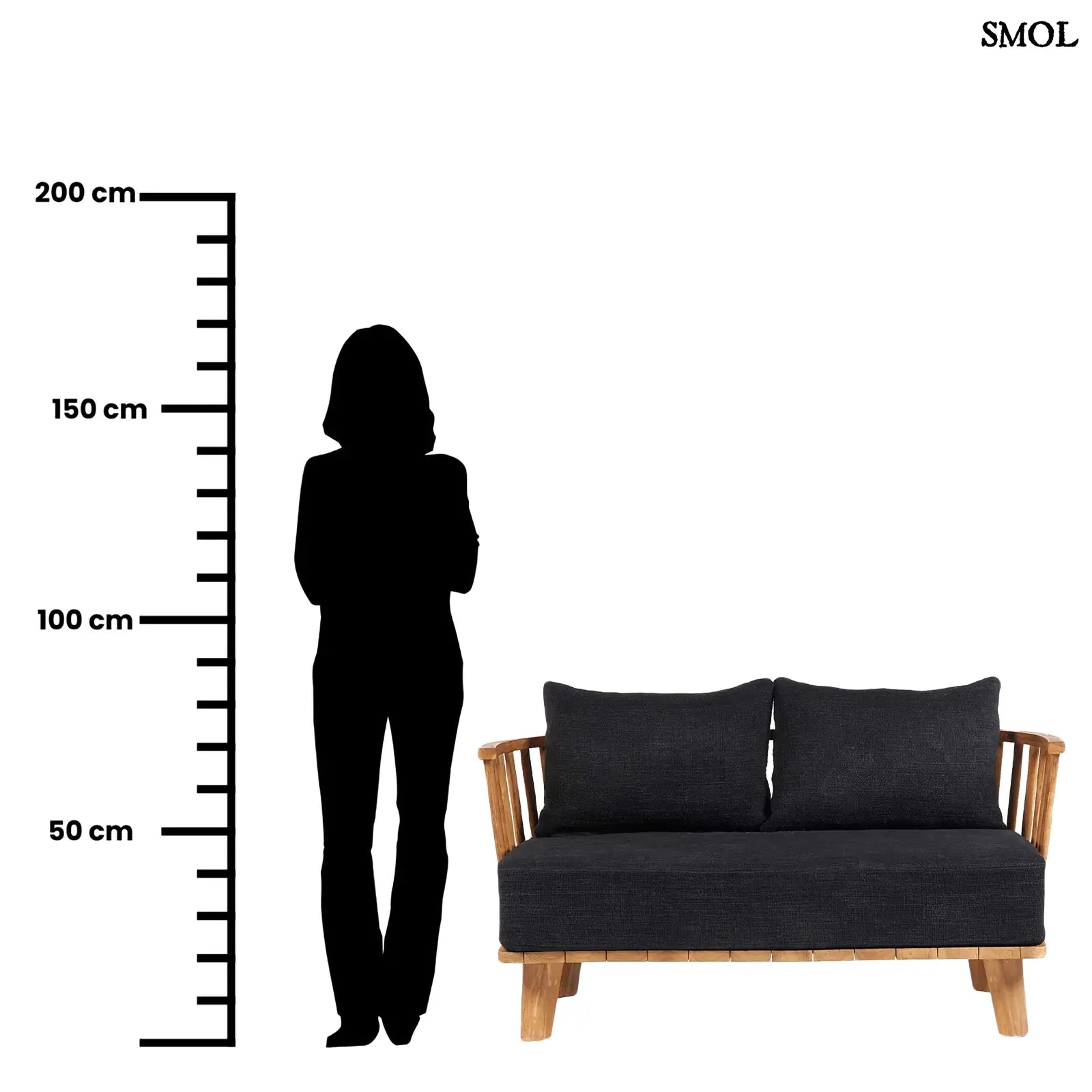 Kétszemélyes kanapé, újrahasznosított tíkfa kerettel és fekete kárpit párnákkal, méretarányosan