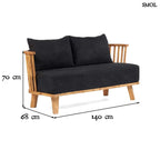 Kétszemélyes kanapé, újrahasznosított tíkfa kerettel és fekete kárpit párnákkal, méretekkel
