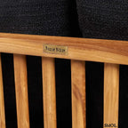 Kétszemélyes kanapé, újrahasznosított tíkfa kerettel és fekete kárpit párnákkal,  fa nagyítva