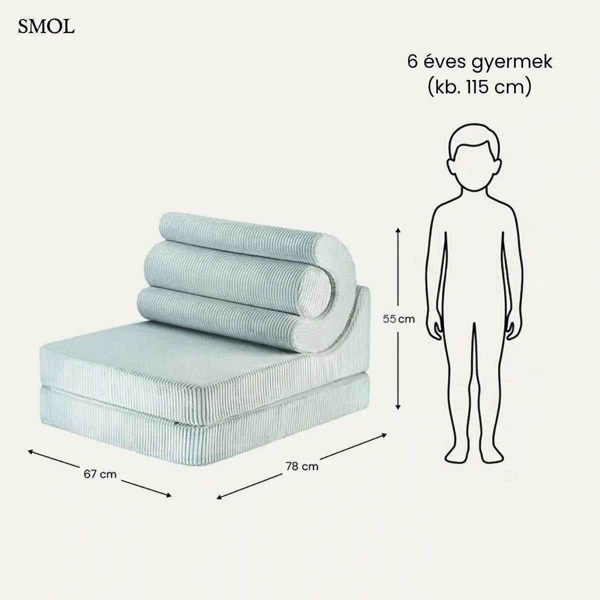 Menta színű, kihajtható gyerekfotel FLIPSTER PEPPERMINT, méretarányosan