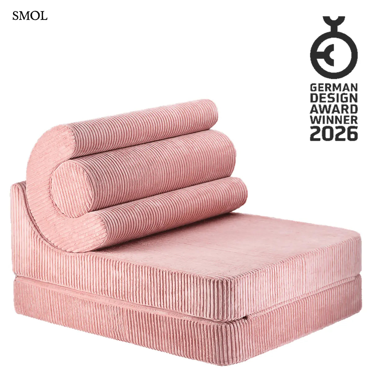 Rózsaszín, kihajtható gyerekfotel FLIPSTER PINK MOUSSE, fehér háttérrel, díjjal