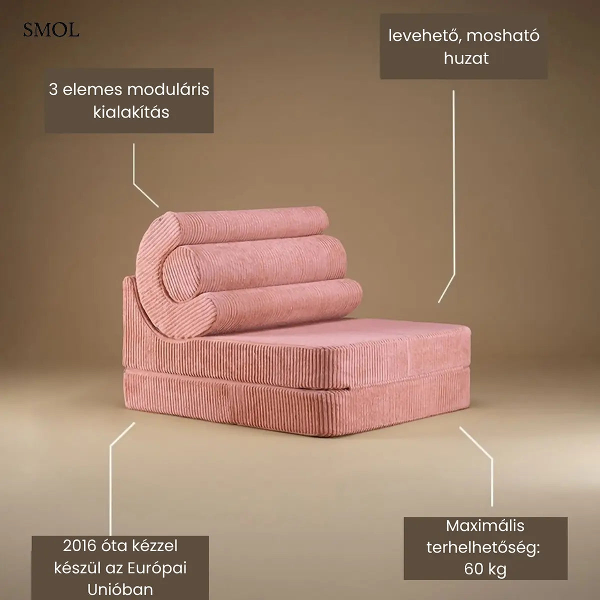 Rózsaszín, kihajtható gyerekfotel FLIPSTER PINK MOUSSE, barna háttérrel, terméktulajdonságokkal