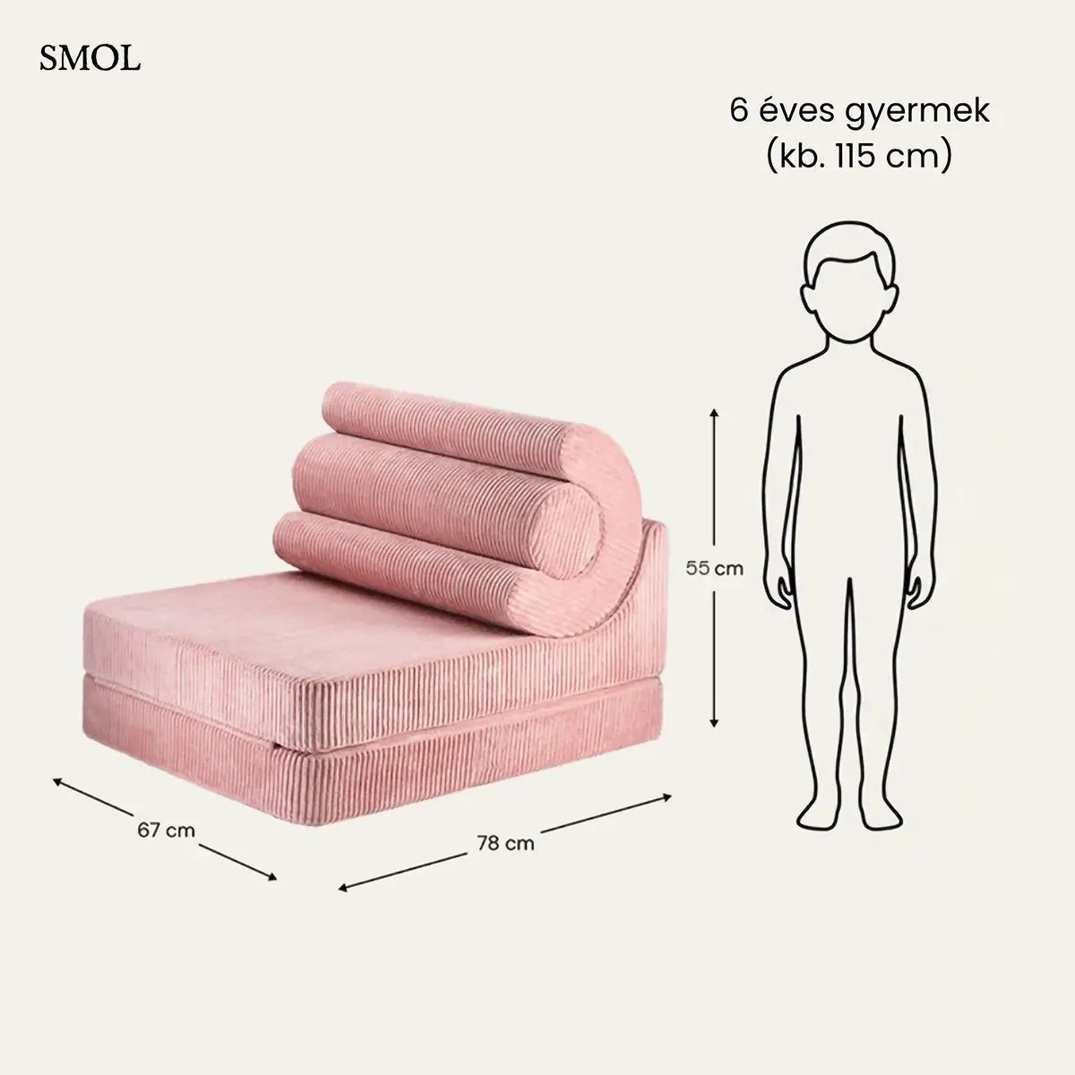 Rózsaszín, kihajtható gyerekfotel FLIPSTER PINK MOUSSE, méretarányosan