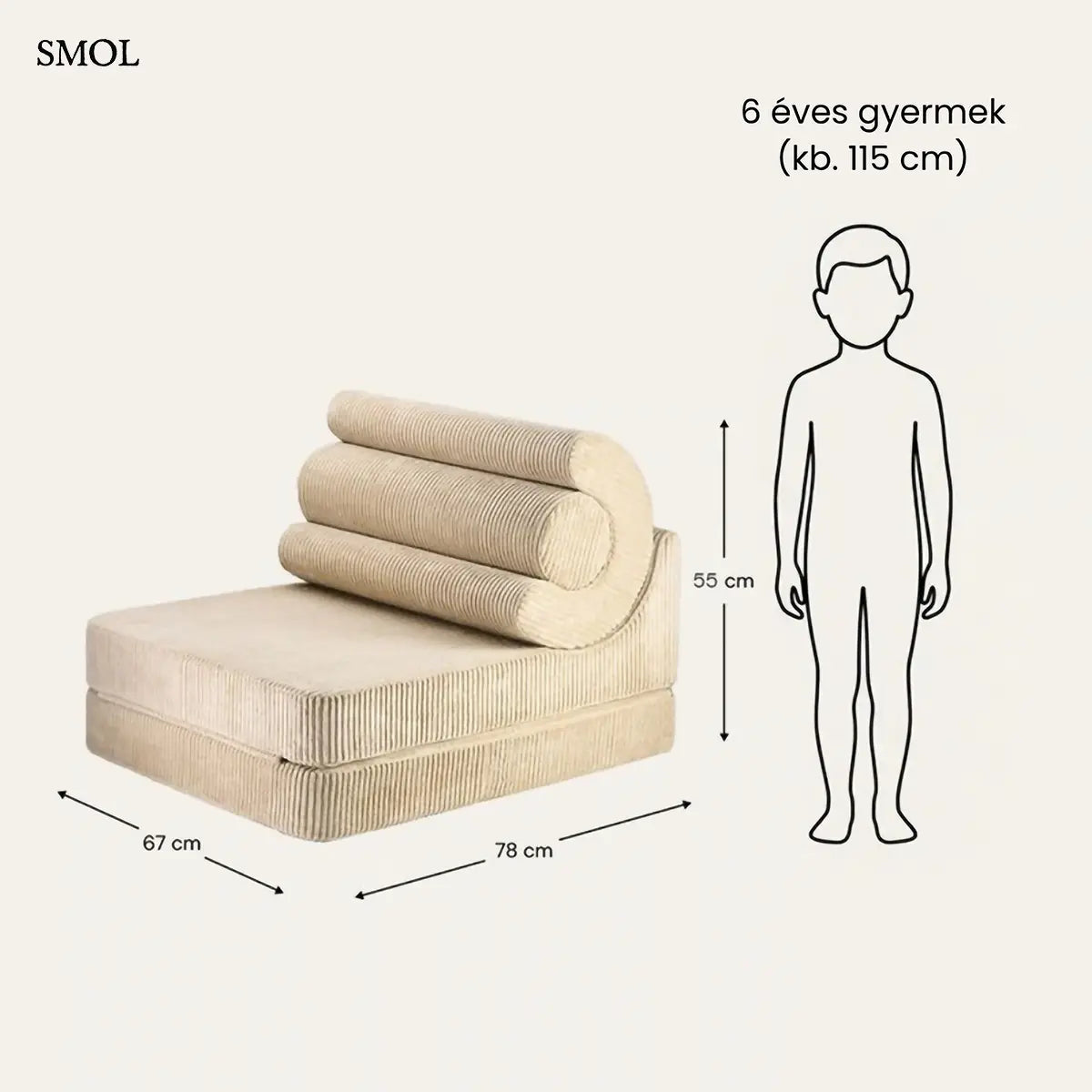 Barnacukor színű, kinyitható gyerekfotel 3 elemből, gyerekszobában, méretarányosan