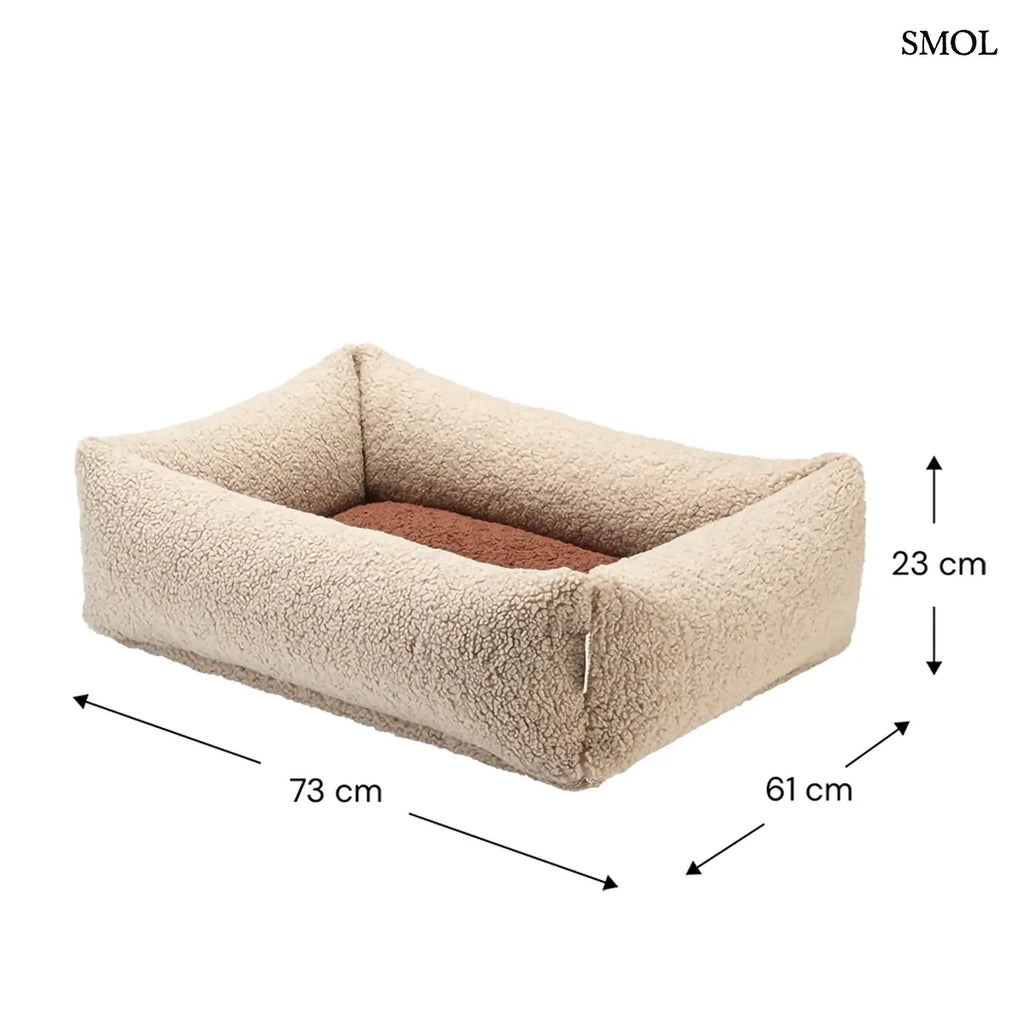 PET SNUGGLE kisállat fekvőhely biscuit teddy szövetből, M méret – 73 × 61 × 23 cm, méretekkel
