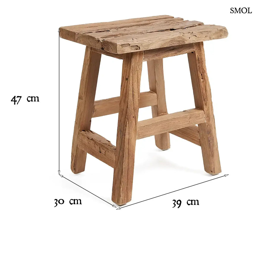 YOKE STOOL natúr újrahasznosított teak ülőke és kisasztal, méretekkel