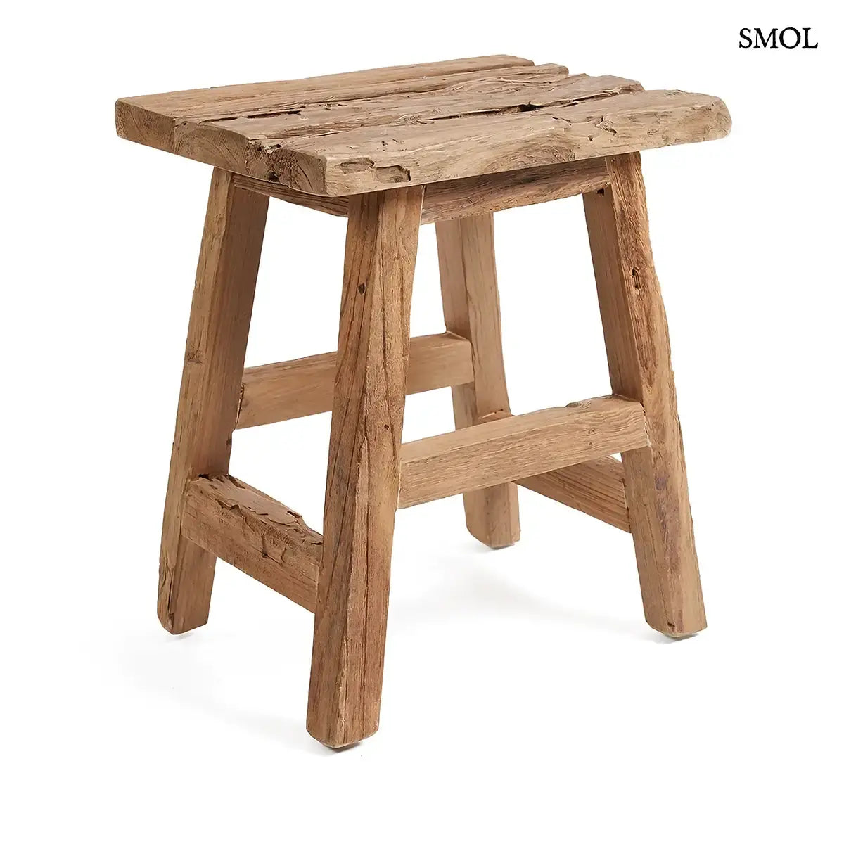 YOKE STOOL natúr újrahasznosított teak ülőke és kisasztal, fehér háttérrel