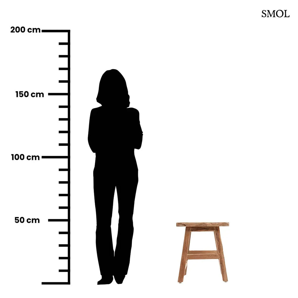 YOKE STOOL natúr újrahasznosított teak ülőke és kisasztal, méretarányosan