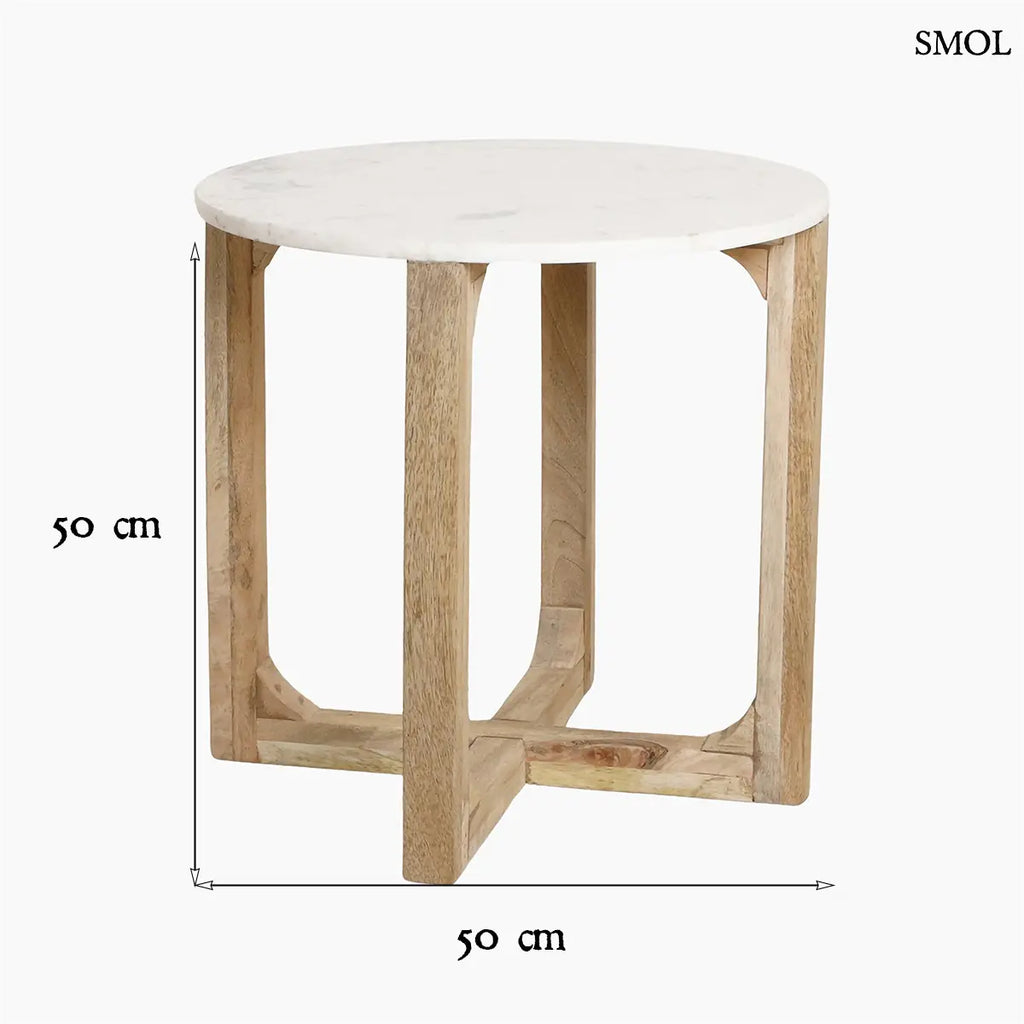 MARBLE kerek kisasztal fehér márvány lappal és fa kereszttalppal – 50 × 50 cm, méretekkel
