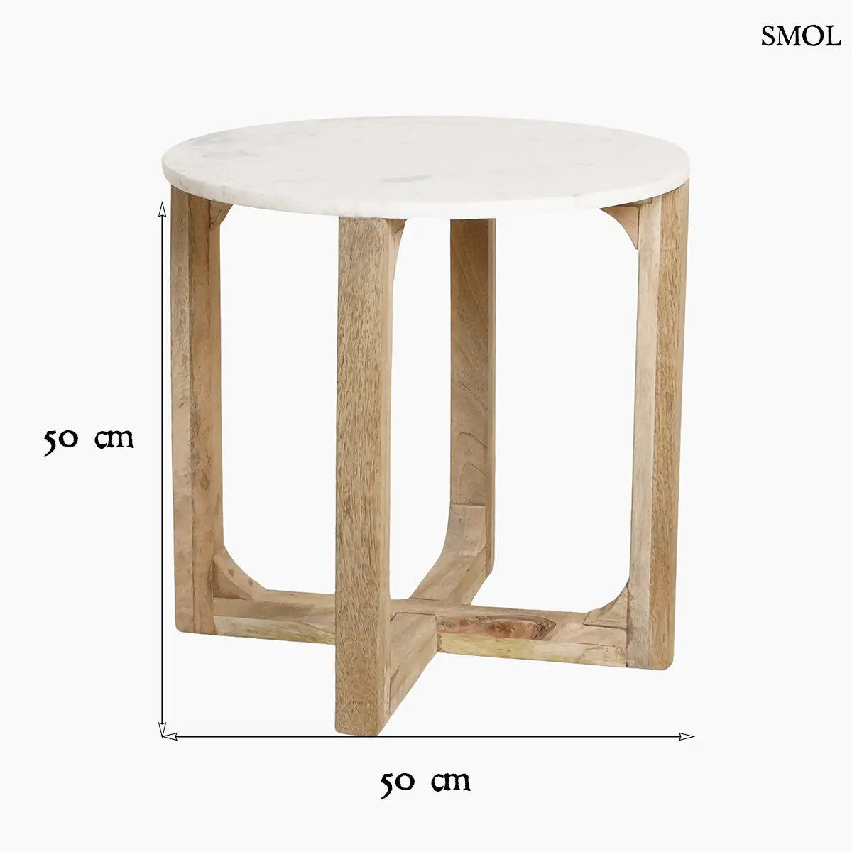 MARBLE kerek kisasztal fehér márvány lappal és fa kereszttalppal – 50 × 50 cm, méretekkel