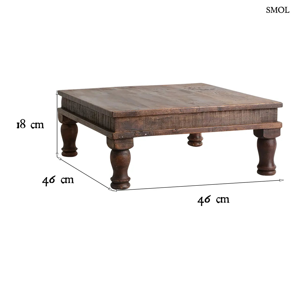 FACTORY PATA alacsony kisasztal újrahasznosított fából, L méret – 46 × 18 × 46 cm, méretekkel