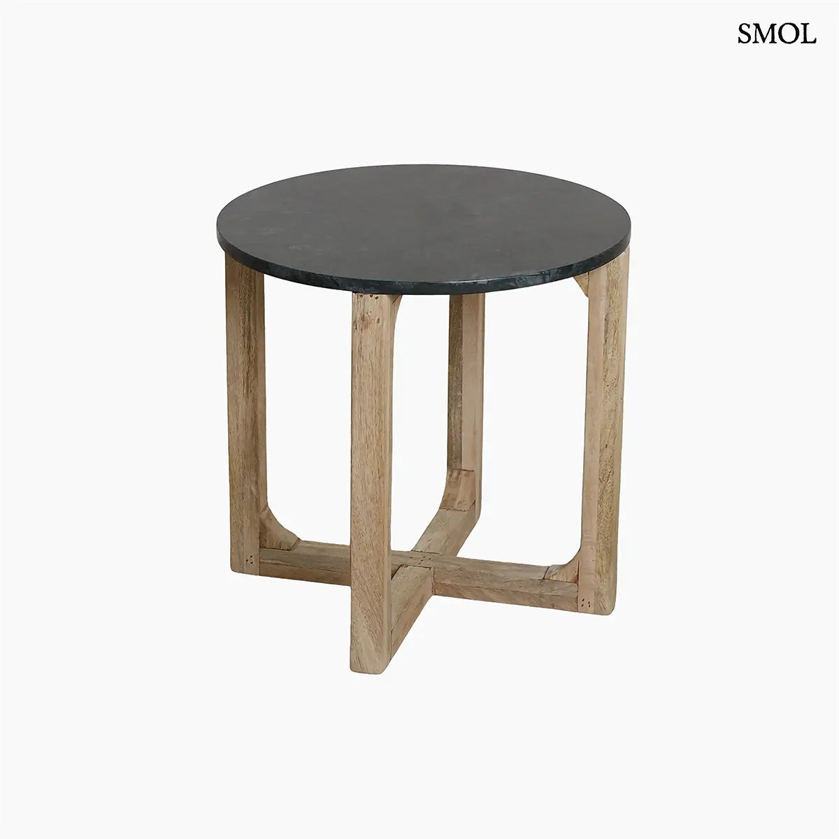 MARBLE GREEN kerek kisasztal zöld márvány lappal és mangófa talppal – 50 × 50 × 50 cm, fehér háttérrel