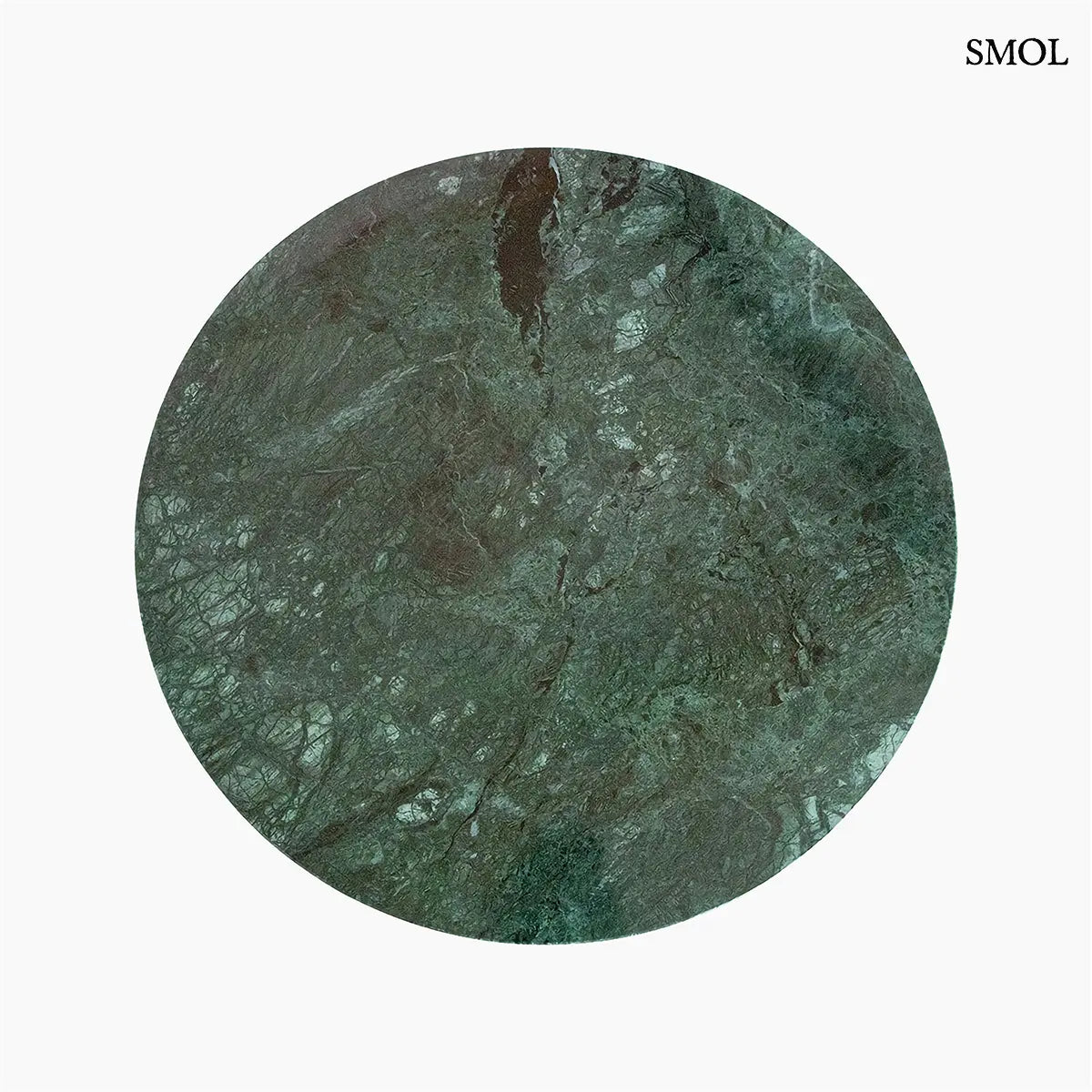 MARBLE GREEN kerek kisasztal zöld márvány lappal és mangófa talppal – 50 × 50 × 50 cm, asztallap felülről