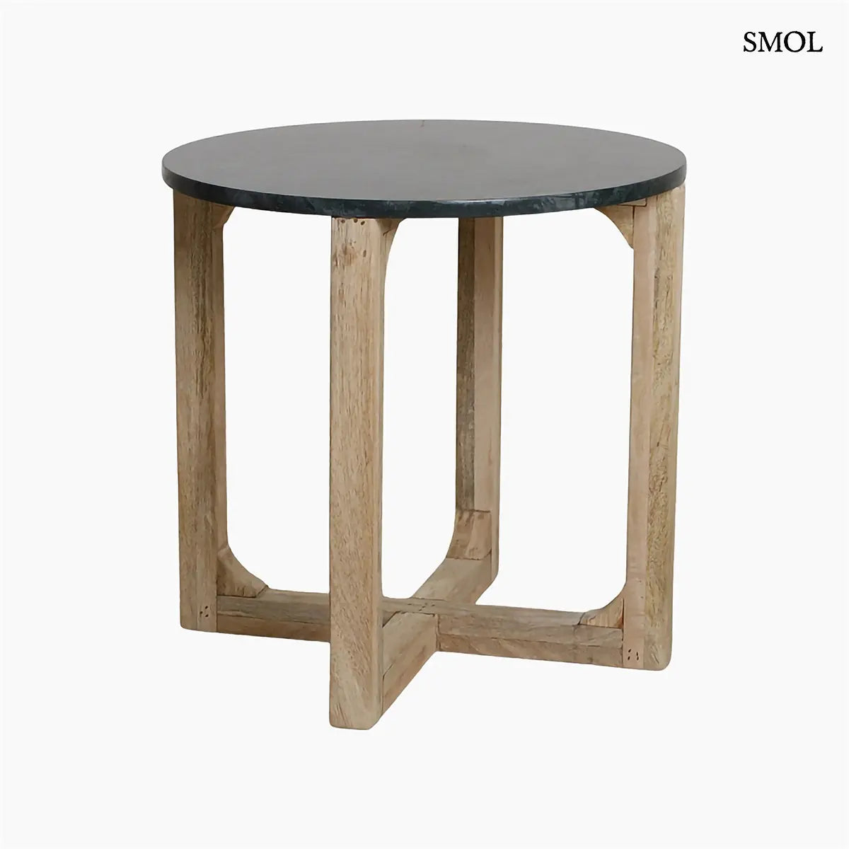 MARBLE GREEN kerek kisasztal zöld márvány lappal és mangófa talppal – 50 × 50 × 50 cm, oldalról