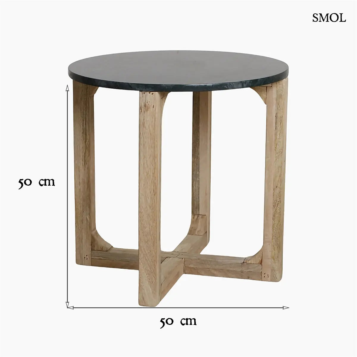 MARBLE GREEN kerek kisasztal zöld márvány lappal és mangófa talppal – 50 × 50 × 50 cm, méretekkel
