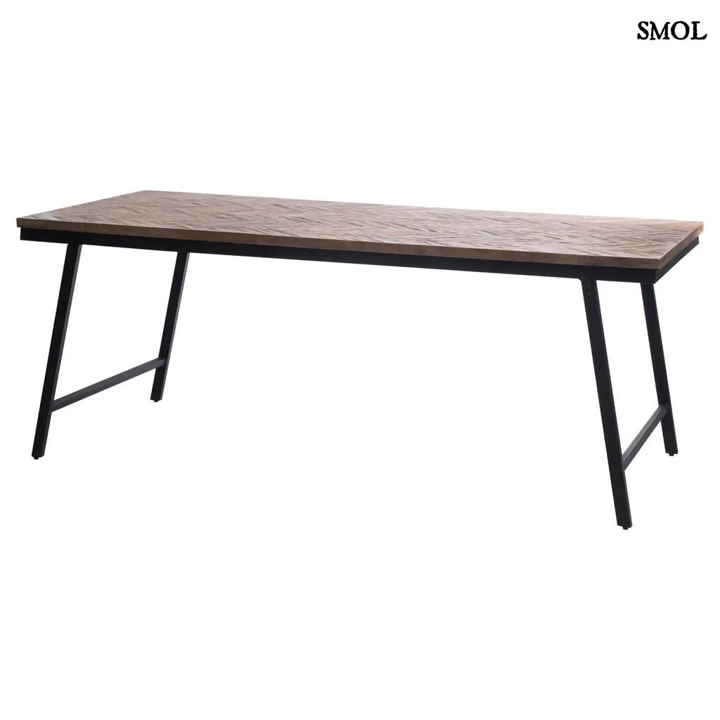 Halszálka mintás, összecsukható konzol asztal, natúr teakfa lappal és fekete fém vázzal ferdén