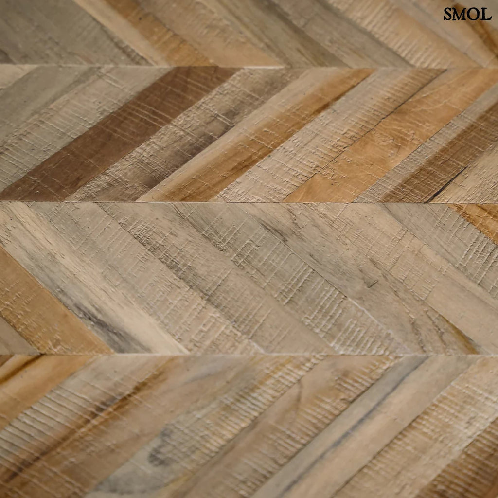 Halszálka mintás, összecsukható konzol asztal, natúr teakfa lappal és fekete fém vázzal minta nagyítva