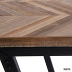 Halszálka mintás, összecsukható konzol asztal, natúr teakfa lappal és fekete fém vázzal középen, oldalról