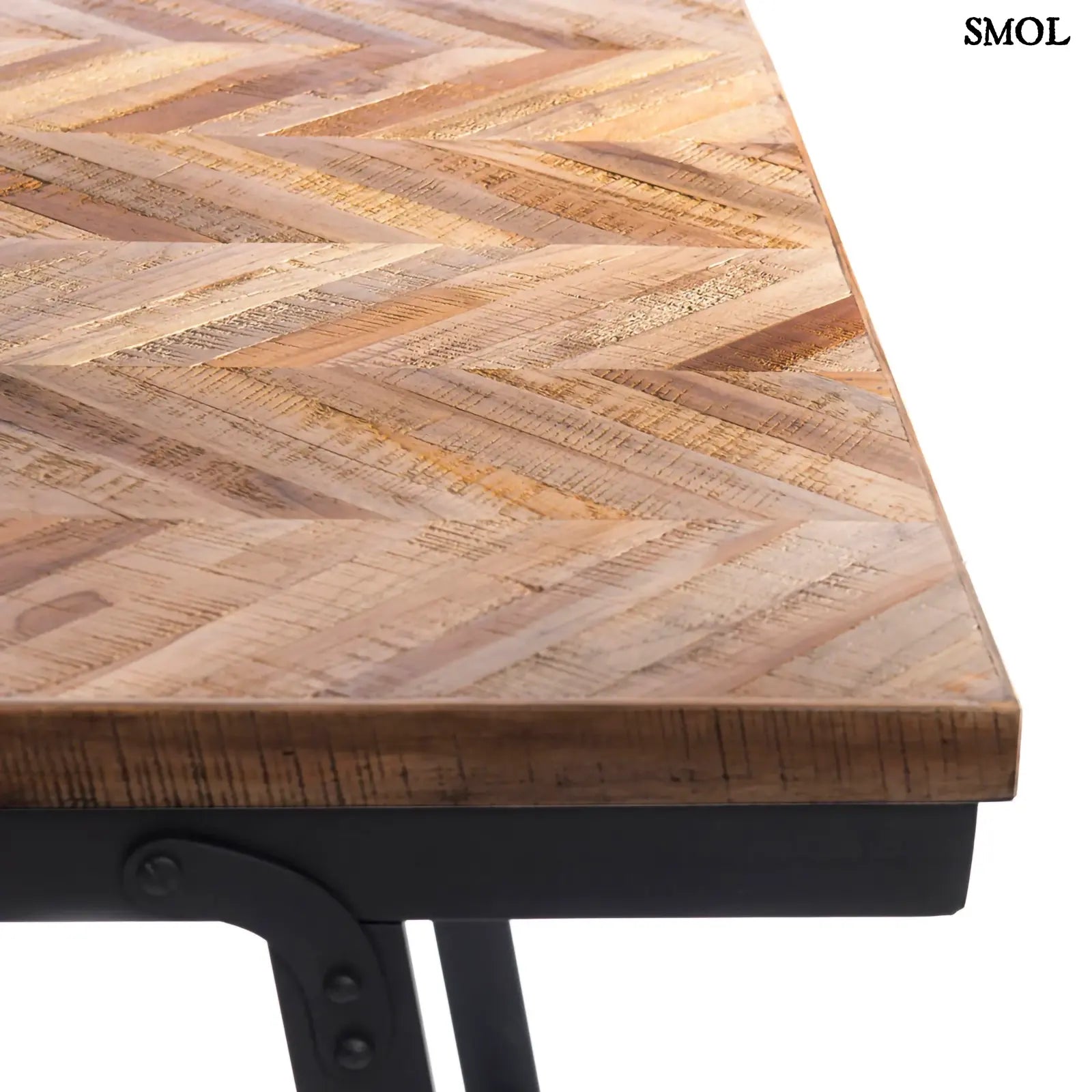 Halszálka mintás, összecsukható konzol asztal, natúr teakfa lappal és fekete fém vázzal sarok nagyítva