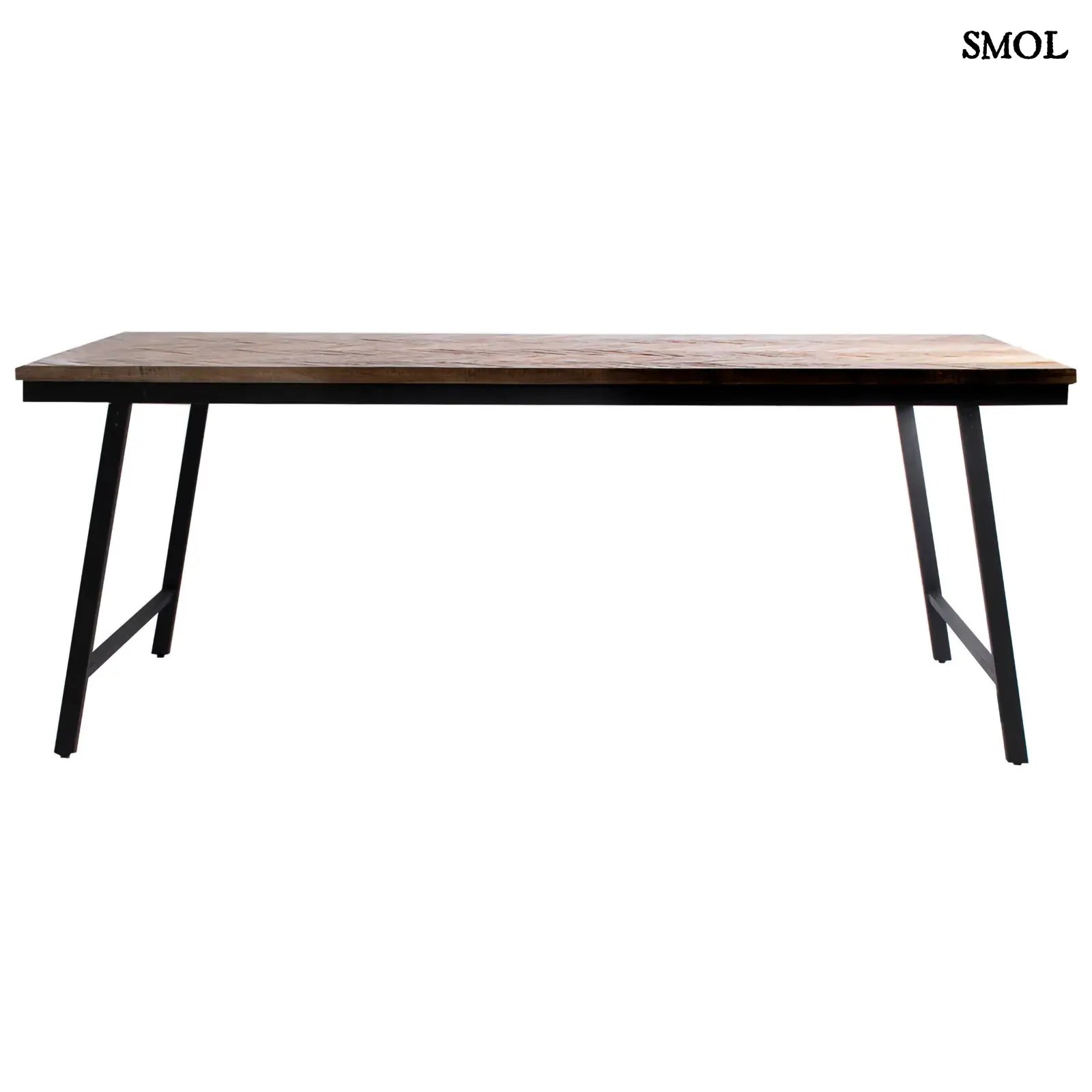 Halszálka mintás, összecsukható konzol asztal, natúr teakfa lappal és fekete fém vázzal szemből