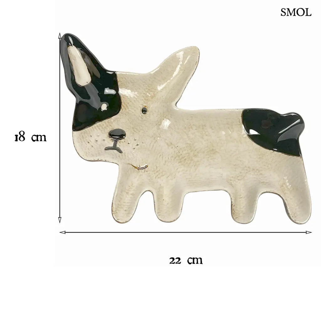 Egyedi, fekete foltos fehér kutyás dísztál és kerámia ékszertartó, méretekkel