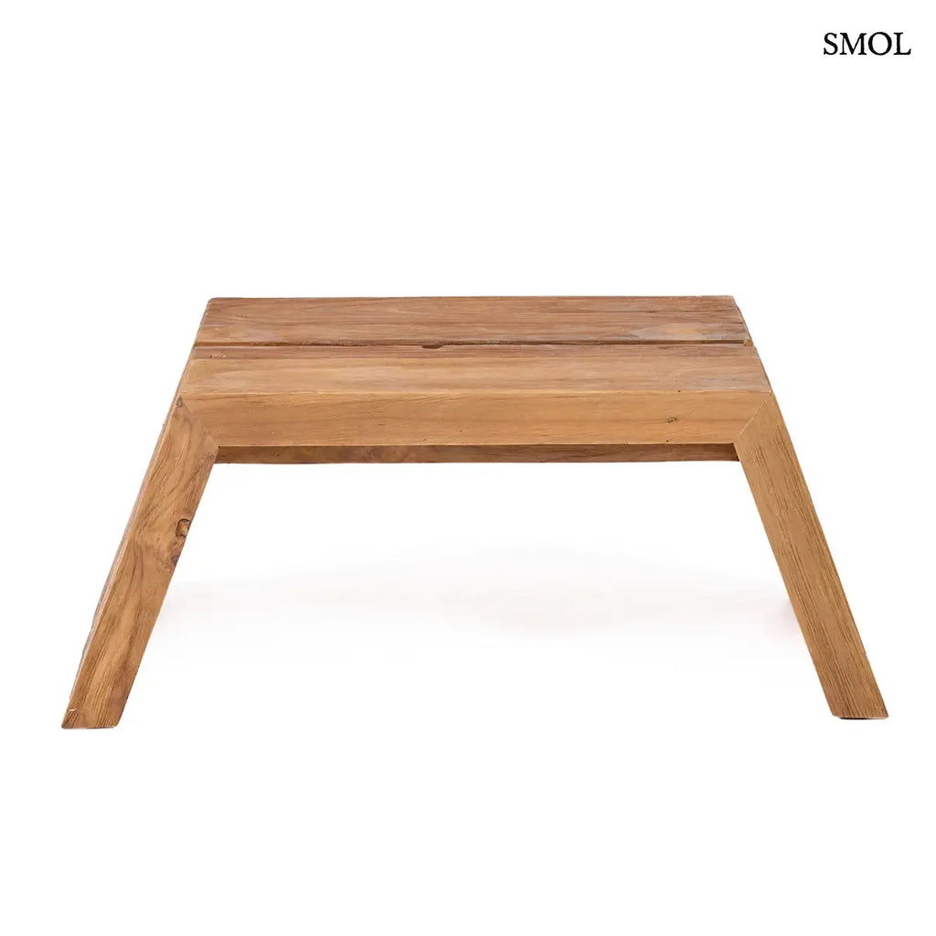 Tömör teakfa laptopasztal szögletes formával, natúr, 55×22 cm, oldalról, ferdén