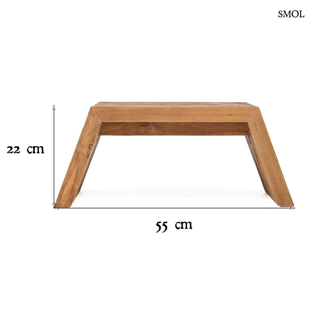 Tömör teakfa laptopasztal szögletes formával, natúr, 55×22 cm, méretekkel