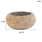 Rusztikus fekete lávakő tál kívül durva, belül csiszolt textúrával, természetes vulkanikus kőből, méretekkel