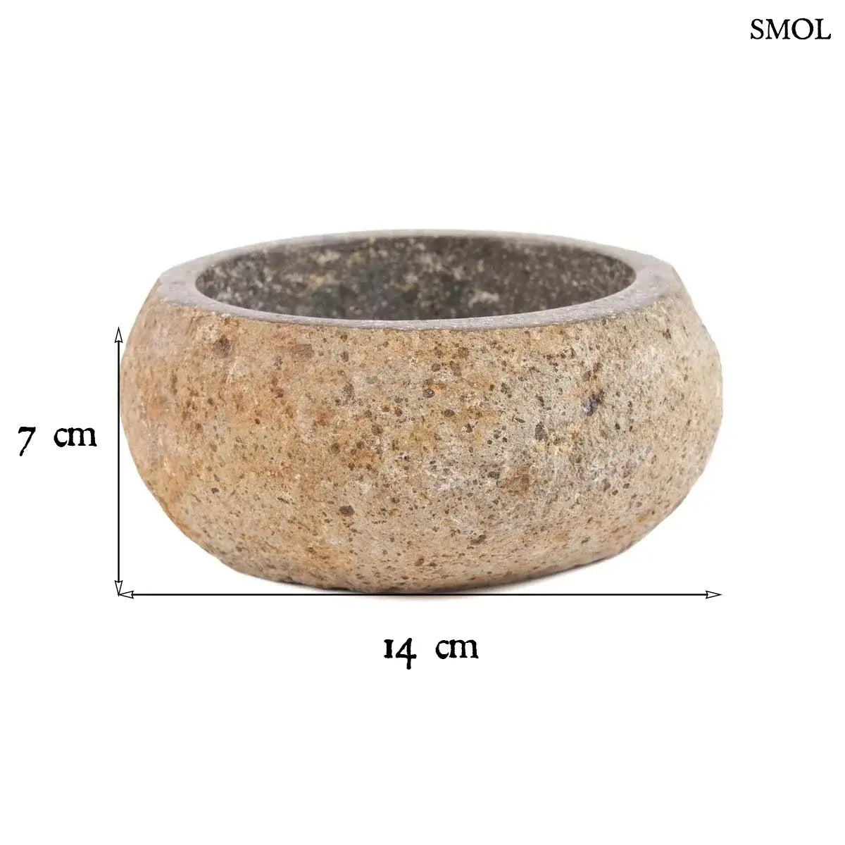 Rusztikus fekete lávakő tál kívül durva, belül csiszolt textúrával, természetes vulkanikus kőből, méretekkel