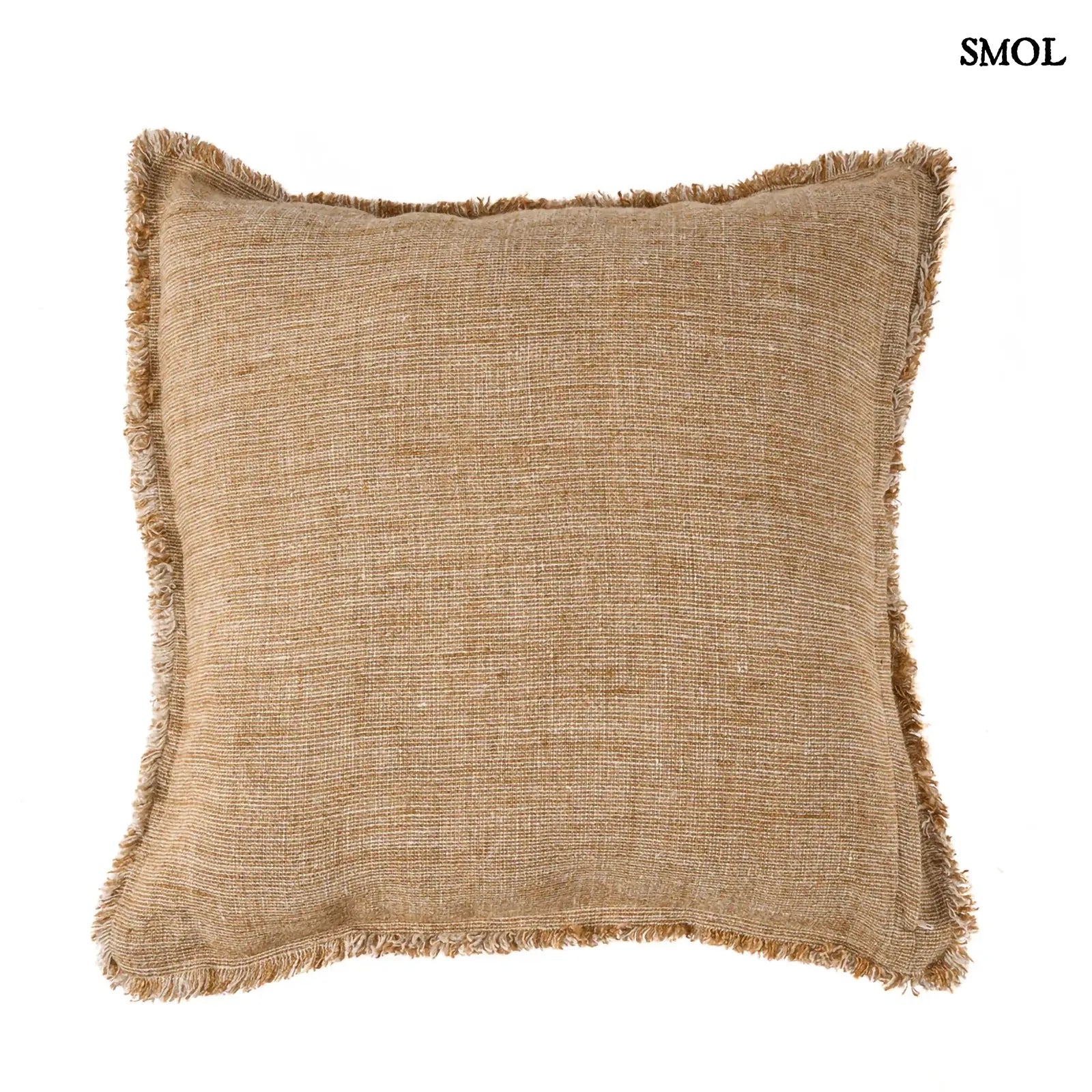 Natúr-barna lenvászon díszpárnahuzat. Rojtos szegéllyel és vízszintes díszítőcsíkkal, hátulról