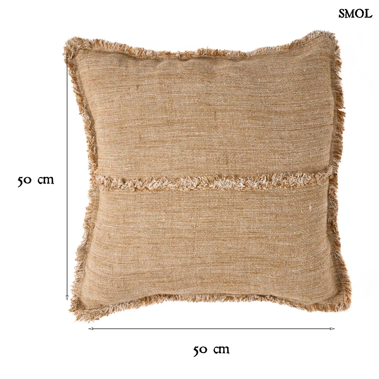 Natúr-barna lenvászon díszpárnahuzat. Rojtos szegéllyel és vízszintes díszítőcsíkkal, méretekkel