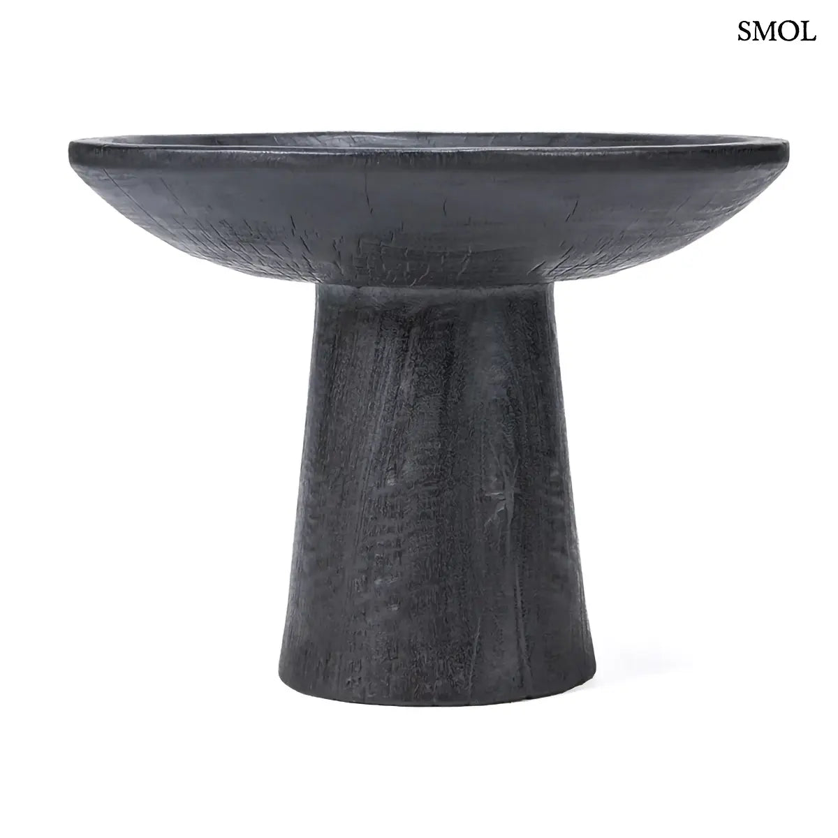 Fekete talpas kerek mangófa tálca, 35×26 cm, oldalról, fehér háttérrel