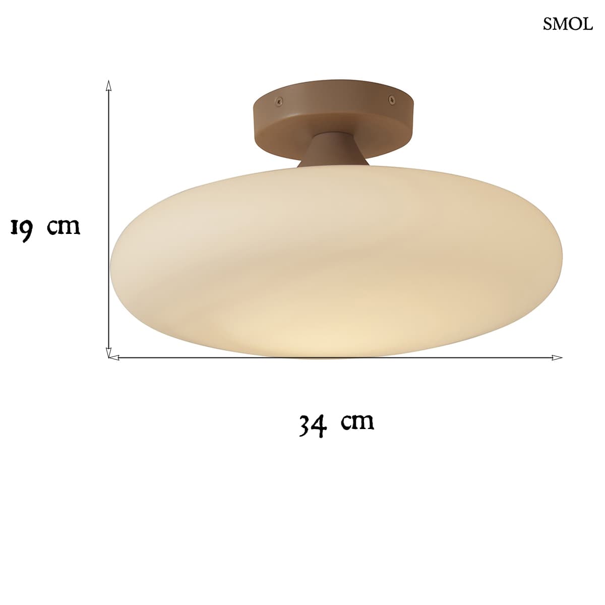 SAPPORO 34 cm-es fehér ovális üvegbúrás mennyezeti lámpa, homokszínű alappal, méretekkel