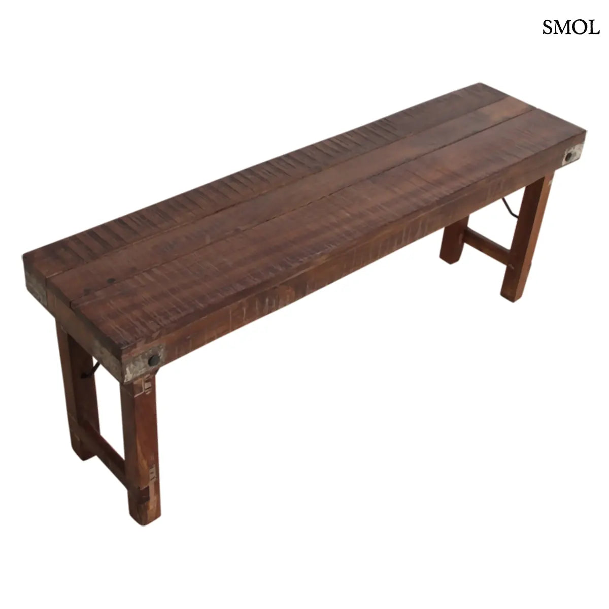 Rusztikus összecsukható fapad újrahasznosított indiai fából, 120×45 cm, felülről, ferdén