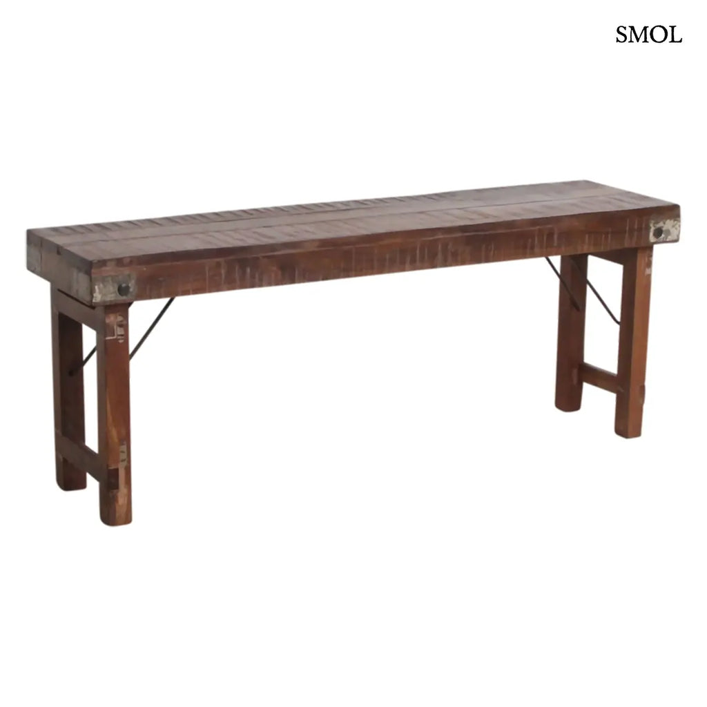 Rusztikus összecsukható fapad újrahasznosított indiai fából, 120×45 cm, ferdén, oldalról