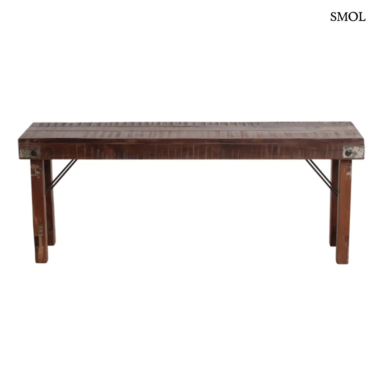 Rusztikus összecsukható fapad újrahasznosított indiai fából, 120×45 cm, szemből